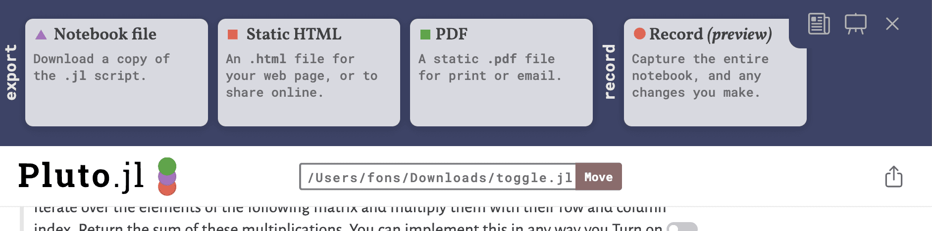 Screenshot of the export options
